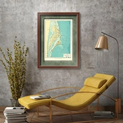 «Карта Атлантического побережья США в районе мыса Канаверал» в интерьере в стиле лофт с желтым креслом
