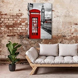 «Англия, Лондон. Телефонная будка и Биг-Бен» в интерьере гостиной в стиле лофт над диваном