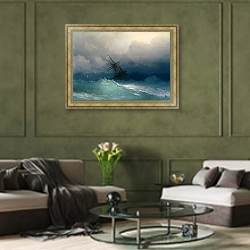 «Корабль в бушующем море» в интерьере гостиной в оливковых тонах