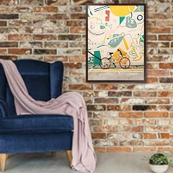 «Велосипед у разрисованной стены» в интерьере в стиле лофт с кирпичной стеной и синим креслом