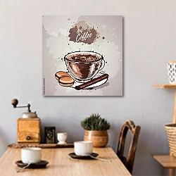«Иллюстрация со стеклянной чашкой кофе» в интерьере кухни над обеденным столом с кофемолкой