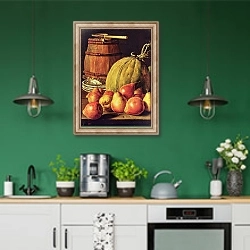 «Still Life with pears, melon and barrel for marinading» в интерьере кухни с зелеными стенами
