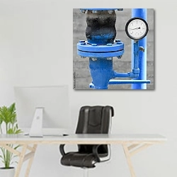 «Белый манометр на синей трубе» в интерьере офиса над рабочим местом