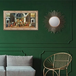 «The Story of Virginia, c.1500» в интерьере классической гостиной с зеленой стеной над диваном