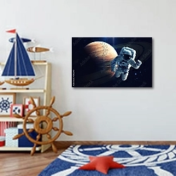 «Космонавт на фоне газового гиганта» в интерьере детской комнаты для мальчика в морской тематике