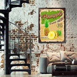 «Ретро плакат с ананасами» в интерьере двухярусной гостиной в стиле лофт с кирпичной стеной