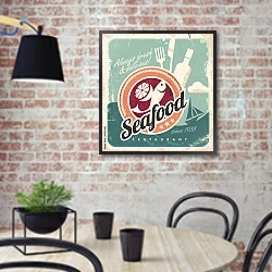 «Винтажный плакат для ресторана морепродуктов» в интерьере кухни в стиле лофт с кирпичной стеной