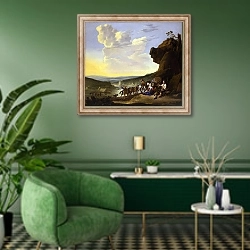 «Пейзаж с отдыхающими крестьянами» в интерьере гостиной в зеленых тонах