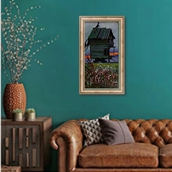 «Old Windmill» в интерьере гостиной с зеленой стеной над диваном