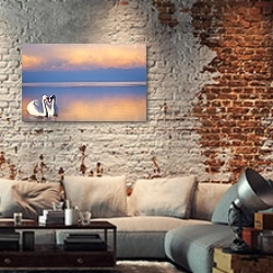 «Два белых лебедя на озере» в интерьере гостиной в стиле лофт с кирпичной стеной