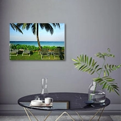 «Вид на море из отеля с шезлонгами и пальмами» в интерьере современной гостиной в серых тонах