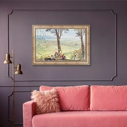 «Rome from Monte Mario, c.1818» в интерьере гостиной с розовым диваном