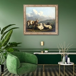 «Овцы и козлы» в интерьере гостиной в зеленых тонах