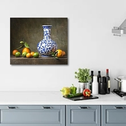 «Натюрморт с китайской вазой и фруктами» в интерьере кухни в голубых тонах