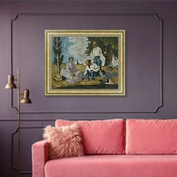 «Picnic on a Riverbank, 1873-74» в интерьере гостиной с розовым диваном