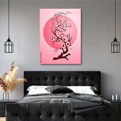 «Вишневый весенний розовый цвет» в интерьере современной спальни с черной кроватью