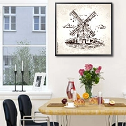 «Ветряная мельница в деревенском пейзаже» в интерьере кухни рядом с окном