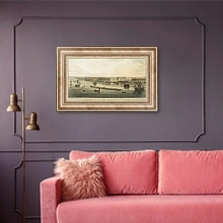 «Вид на здание 12 коллегий и площадь Васильевского острова» в интерьере гостиной с розовым диваном