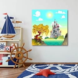 «Таинственный замок у озера» в интерьере детской комнаты для мальчика в морской тематике