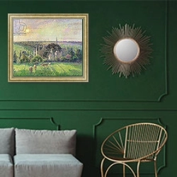 «The Church and Farm of Eragny, 1895» в интерьере классической гостиной с зеленой стеной над диваном