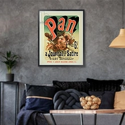 «Reproduction of a poster advertising 'Pan', a journal of satire, edited by Alfred Thompson» в интерьере гостиной в стиле лофт в серых тонах
