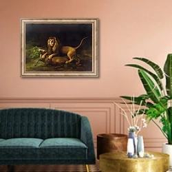 «A Lion Attacking a Stag, c.1765» в интерьере классической гостиной над диваном