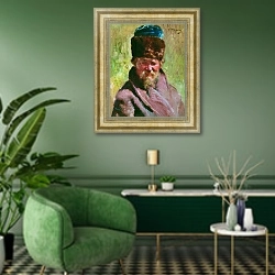«Ямщик. 1900-е» в интерьере гостиной в зеленых тонах