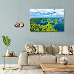 «Острова Палау, вид сверху» в интерьере современной гостиной с голубыми стенами