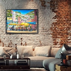 «Уличное кафе, Испания» в интерьере кабинета в стиле лофт с кирпичными стенами