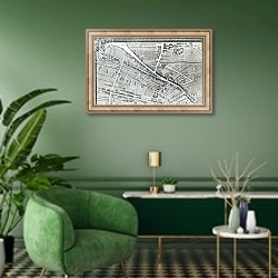 «Plan of Paris, known as the 'Plan de Turgot', engraved by Claude Lucas, 1734-39 7» в интерьере гостиной в зеленых тонах