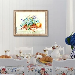 «Сельский натюрморт. Корзина из красной смородины и полевых цветов на столе» в интерьере кухни в стиле прованс над столом с завтраком
