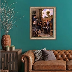 «Крестьяне, играющие в кости у гостиницы» в интерьере гостиной с зеленой стеной над диваном