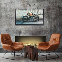«Старый винтажный мотоцикл bmw» в интерьере в стиле лофт с бетонной стеной над камином