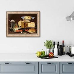 «Still Life with Cheeses, Artichoke, and Cherries» в интерьере кухни в голубых тонах