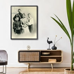 «Family portrait of Princess Zenaida Yusupova, Count Felix Sumarokov-Elston and sons Nikolai and Felix, from the studio of A. Pasetti» в интерьере комнаты в стиле ретро над тумбой