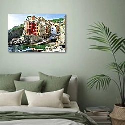 «Италия. Чинкве-Терре. Риомаджоре. Пляж» в интерьере современной спальни в зеленых тонах