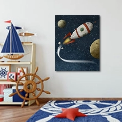 «Ракета летит через космос» в интерьере детской комнаты для мальчика в морской тематике