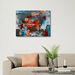 «Абстракция с красными мазками на сером фоне» в интерьере современной светлой гостиной над диваном