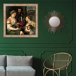 «Allegory of Married Life» в интерьере классической гостиной с зеленой стеной над диваном