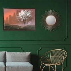 «Облачное дерево» в интерьере классической гостиной с зеленой стеной над диваном