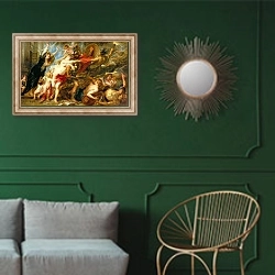 «The Consequence of War, 1637-38» в интерьере классической гостиной с зеленой стеной над диваном