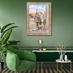 «Весенняя улица Москвы с церковью» в интерьере гостиной в зеленых тонах