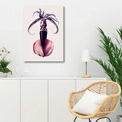 «Винтажная цветная иллюстрация кальмара» в интерьере гостиной в скандинавском стиле над комодом