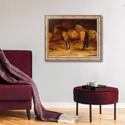«A Bay Horse at a manger, with a grey horse in a rug» в интерьере гостиной в бордовых тонах