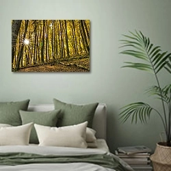 «Солнце в осеннем лесу» в интерьере современной спальни в зеленых тонах