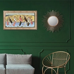«Mystic Nativity» в интерьере классической гостиной с зеленой стеной над диваном