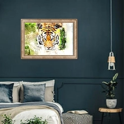 «Акварельный портрет тигра 1» в интерьере классической спальни с темными стенами