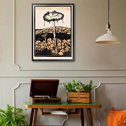 «Druipende paddenstoel» в интерьере комнаты в стиле ретро с проигрывателем виниловых пластинок