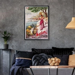 «Travel poster advertising the Paris-Lyon-Mediterranee train line and holidays in Menton on the Cote d'Azur, c.1899» в интерьере гостиной в стиле лофт в серых тонах