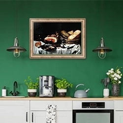 «Still Life with Ham 2» в интерьере кухни с зелеными стенами